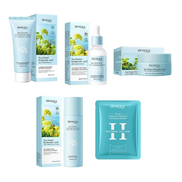 Set x 5 Antiarrugas Acido Hialuronico y Algas Marinas Bioaqua Contiene (Jabon,Tonico Loción, Mascarilla, Serum y Crema)