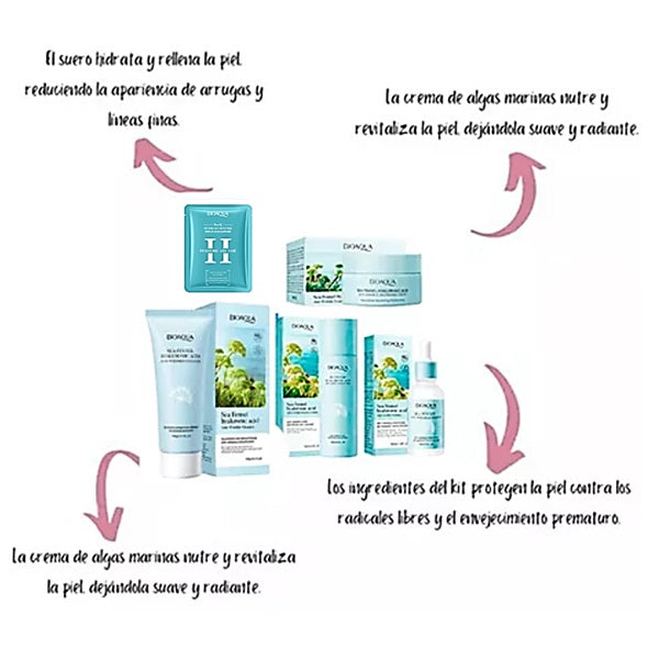 Set x 5 Antiarrugas Acido Hialuronico y Algas Marinas Bioaqua Contiene (Jabon,Tonico Loción, Mascarilla, Serum y Crema)