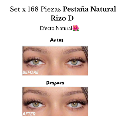 Set de Pestañas Juego x 168 Piezas (Rizo Natural) FLORA  Rizo D (8 a 16 mm) - INCLUYE PEGANTE