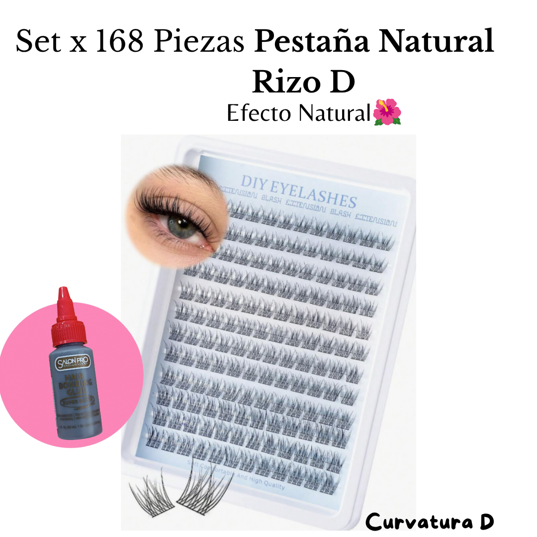 Set de Pestañas Juego x 168 Piezas (Rizo Natural) FLORA  Rizo D (8 a 16 mm) - INCLUYE PEGANTE
