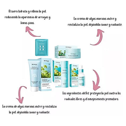 Set x 5 Antiarrugas Acido Hialuronico y Algas Marinas Bioaqua Contiene (Jabon,Tonico Loción, Mascarilla, Serum y Crema)