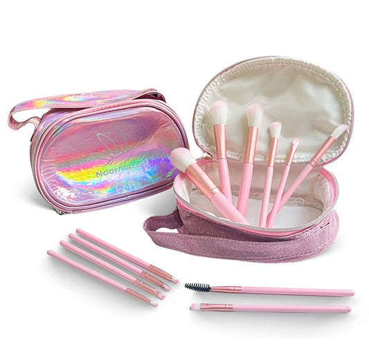 Set x12 Brochas Maquillaje  Suavecitas Profesional + Cosmetiquera Glitter